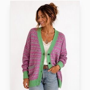 Jumper 1234 Women Large Pink Green Wool Cashmere Fair Isle Cardigan Sweater